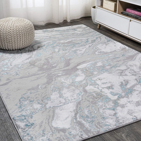 JONATHAN Y SOR203A-5 Swirl Marbled Abstract Indoor Area-Rug Contemporary Casual Transitional Easy-Cleaning Bedroom Kitchen Living Room Non Shedding, 5 X 8, Gray/Turquoise