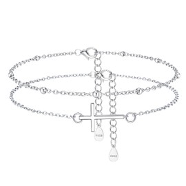 ZELORES 925 Sterling Silver Cross Anklets For Women White Gold Plated Cross Ankle Bracelets Dainty Adjustable Layered Beaded Chain Anklets Summer Beach Foot Jewelry