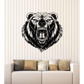 Vinyl Wall Decal Grizzly Animal Predator Aggressive Bear Head Stickers Mural Large Decor (g2473) Black