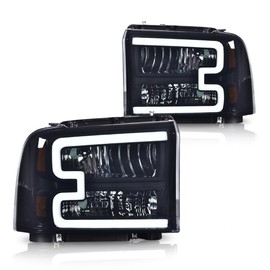 G-PLUS LED Headlights Compatible with Ford F250 F350 F450 F550 Super Duty 2005-2007 DRL BAR Headlamps Smoky Lens Black Housing Amber Reflector,faros delanteros