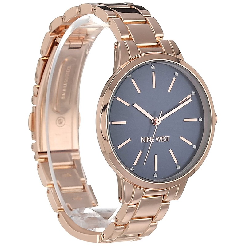 NINE WEST Women's Crystal Accented Bracelet Watch, Rose Gold/Navy, NW/2098NVRG