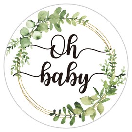 50 Greenery Wreath Oh Baby Gender Neutral Stickers - Baby Shower Favors Stickers - Thank You Labels for Baby Shower 2 Inch.