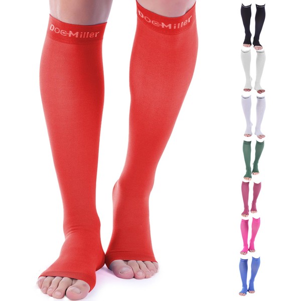 Doc Miller Open Toe Compression Socks, 15-20 mmHg, Toeless Compression Socks Women and Men for Maternity, Shin Splints & Calf Recovery, 1 Pair Red Knee High X-Large Tall