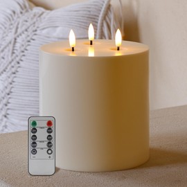 AFINETH Large Outdoor Candles with Remote Waterproof 6"x6" Flickering Flameless Candles with 3 Wicks Plastic Big Battery Operated Candle for Indoor Outdoor Use, Ivory