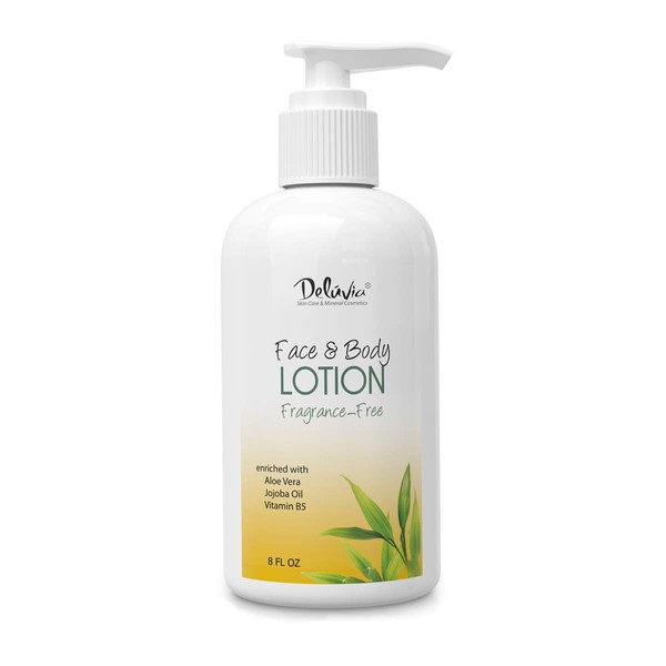 Deluvia Moisturizing Body Lotion & Face Lotion, 8oz with Organic Aloe Vera, Shea Butter, Organic Jojoba Oil, Vitamin E & B5. Daily Skin Moisturizing Lotion For Dry Skin, Great For All Skin Types.