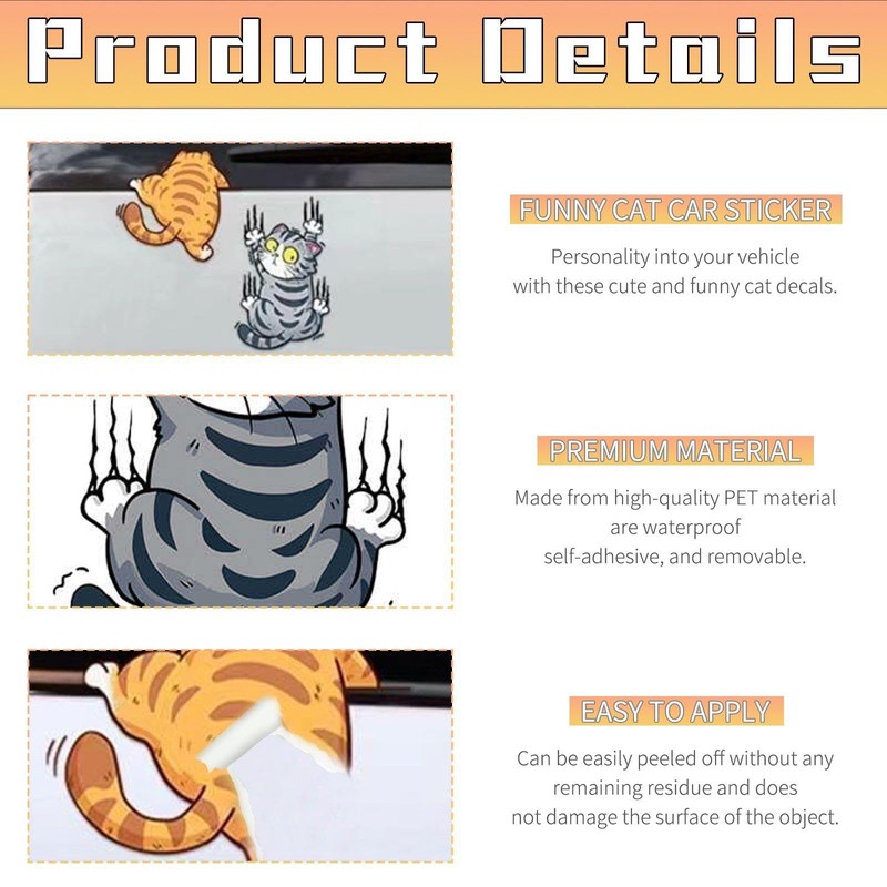 CYNOSURETECH 9 Pieces Funny Cat Car Stickers, Multicolor, Cartoon Style,