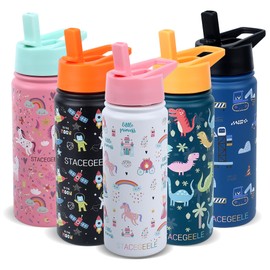 STACEGEELE Kids Stainless Steel Water Bottle with Straw Kids Insulated Water Thermos for School Kids Metal Water Bottles for Boys Girls Double Wall Vacuum Leak Proof BPA Free 18oz 550ml Princess