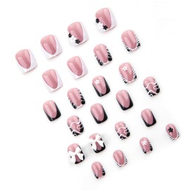 24Pcs Press on Nails Short Square, ZIFANHU Pink Fake Nails Press ons Black White Zebra Print French Nail Tip 3D Bow Flowers Design Full Cover Acrylic Nail Kit False Nails Glue Stick on Nails Women