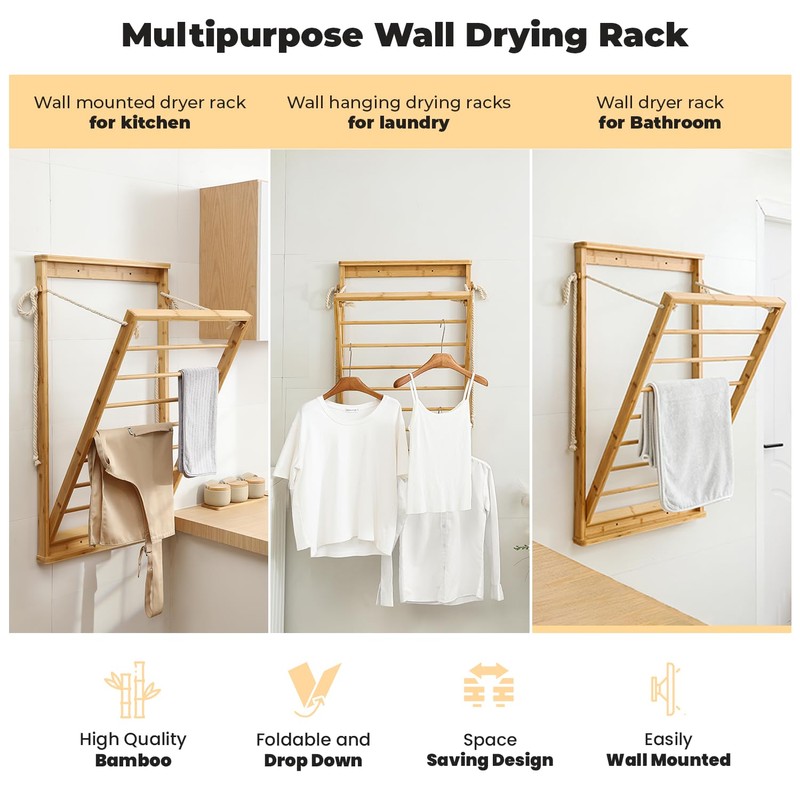 GRISSHMO Clothes Drying Rack, Foldable Bamboo Wall Mounted Laundry Rack