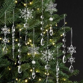 18pcs Crystal Christmas Ornaments for Tree Decorations Hanging Acrylic Snowflake and Icicle Ornaments with Drop Pendants for Christmas Tree New Year Party Decorations Supplies