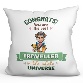 MUGFFINS TRAVELLER man Cushion Padding included - in English - Best in Universe Trophy - Funny gift - Pillow: cover and filling 15.7x15.7 inches