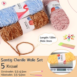 Coopay Velvet Chenille Wool, 500 g (5 x 100 g) Velvet Chenille Yarn Wool for Crochet & Knitting, Fluffy Soft Baby Wool for Children, Velvet Chenille Wool with Crochet Accessories for Dolls, Scarves -