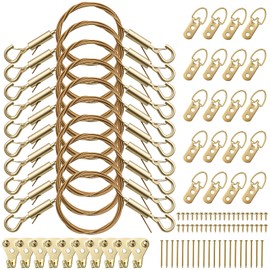 Otoolling 10 Set Picture Wire Hanging Kit, Supports up to 50lbs Adjustable 4.9ft Picture Wire with Hanging Hooks & D Rings & Screws for Canvas, Frames, Mirrors, Billboards (Gold)