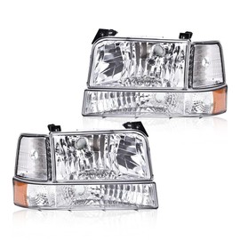 ANDPLAY Headlight Assembly Headlamp Fit Ford F150/250/350 Bronco/F-Super Duty 1992-1997 w/Corner Signal Driver Passenger Side Pair Headlamps Clear Lens Chrome Housing Amber Reflector