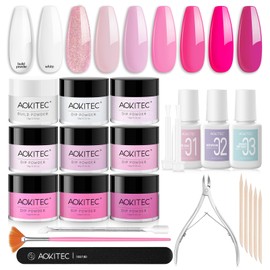 Aokitec 23 Pieces Dipping Powder Nails Set with Build Powder - Pink Dipping Powder with Dip Liquid Base Activator Top Gels Nail Design Accessories, French Nails Make Yourself Gifts for Women