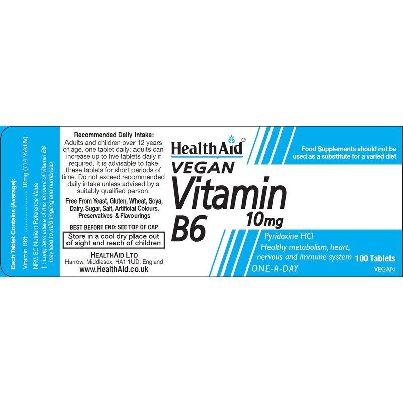 HealthAid Vitamin B6 (Pyridoxine HCl) 10mg - 100 Tablets