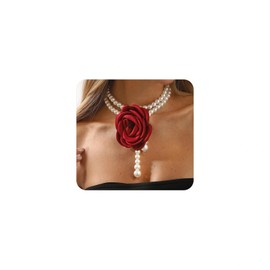 Layered Fabric Flower Pearl Choker Necklace for Women,White Pearl Double-Layer Beaded Necklace Trendy Party Banquet Jewelry Accessories Gift(Red)