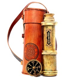 Brass Nautical - Functional Telescope | Brass Made | Glass Optics and High Magnfication | Kid's Telescope | Camouflage Finish | 18in Long | 1 Pc in Leather Bag | Handheld Antique Style | Spyglass