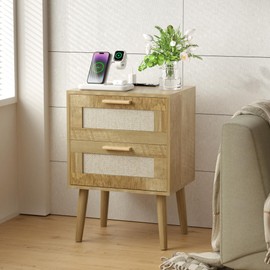 Nightstand with Charging Station,Rattan Night Stand with Solid Wood Legs, Bedside Table with USB Ports & Outlets Bed Side Table,End Table for Bedroom,Living Room