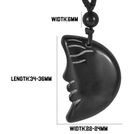 SUNYIK 2PCS Crescent Moon Pendant Necklace for Women Men, Crystal Stone Moon Face Necklace for Unisex with Adjustable Rope 16-27", Black Obsidian Stone