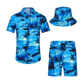 EISHOPEER Men's Hawaiian Shirt and Short 2 Piece Palm Tree Outfits Sets with Bucket Hats 3X-Large