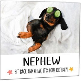 Nephew Birthday Card - Relax Dog Dachshund Funny Birthday Cards for Nephew