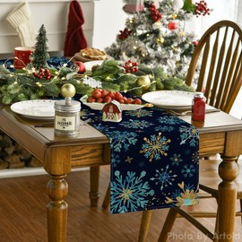 Artoid Mode Blue Snowflakes Hexagon Winter Table Runner, Seasonal Christmas Kitchen Dining Table Decoration for Outdoor Home Party 13x48 Inch