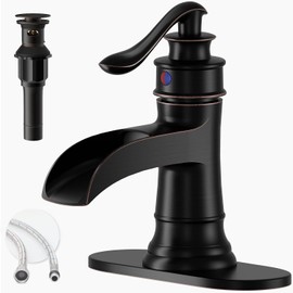 Oil Rubbed Bronze Waterfall Bathroom Faucet, Single Handle Bathroom Sink Faucet 1 Hole or 3 Hole, Vanity Sink Faucet for Vintage Antique Lavatory Washroom with Pop Up Drain, Deck, 2 Hoses
