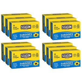 Season Sardines in Sunflower Oil - Wild Caught, 22g of Protein, Keto Snacks, More Omega 3's Than Tuna, Kosher, High in Calcium, Canned Sardines - 4.37 Oz, 12-Pack
