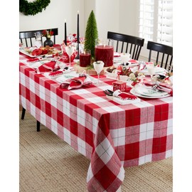 Solino Home Linen Christmas Plaid Tablecloth 60 x 90 Inch - 100% Pure Linen Red and White Very Merry Tartan Plaid Table Cloth for Rectangle Tables - Machine Washable Tablecloth