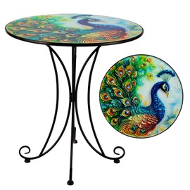 VEWOGIFT 18 Inch Outdoor Side Table, Peacock Metal Accent Table, Indoor Small Round End Tables, Plant Stand Tables for Outside Yard Balcony Garden Bedside
