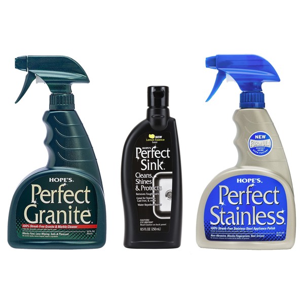 HOPE'S Perfect Stainless, Perfect Granite, and Perfect Sink Cleaner Bundle, Streak Free Polishing Kitchen Cleaners Removes Stains, Restores, and Repels Water, 3 Pack