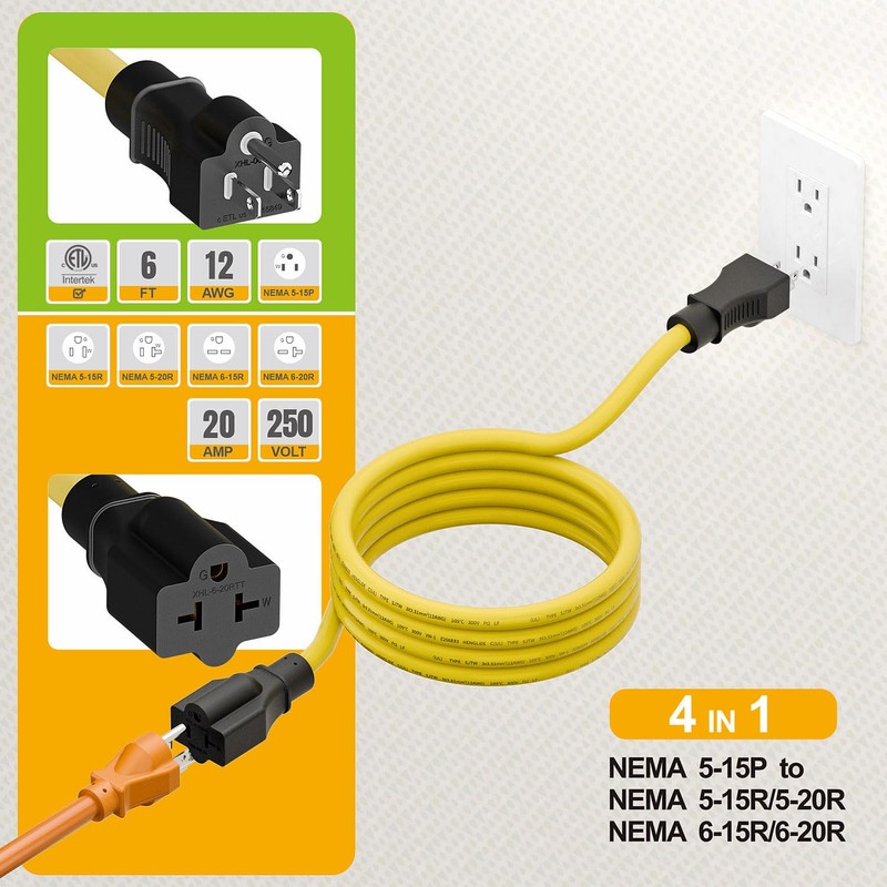 [6-Feet] 12AWG 15 Amp Household AC Plug to 20 Amp