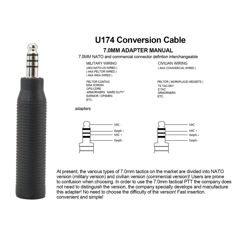 U-174 PTT Adapter Military to Civilian wire jack Transition,Convert NATO
