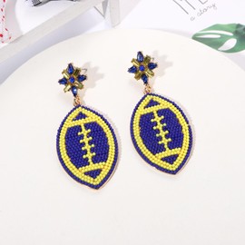 Beaded Football Earrings for Women Rhinestone Beads Game Day Earrings Sports Team Dangle Earrings Football Mom Accessories Jewelry Gifts (Blue Yellow)
