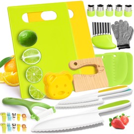 28PCS Toddler Knife Set - Kids Knifes for Real Cooking, Wooden Kids Kitchen Knife Set with Gloves Cutting Board Fruit Vegetable Crinkle Cutters Plastic Kid Safe Knives, Toddlers Kitchen Tools