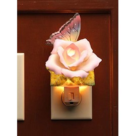 Cosmos Gifts Fine Porcelain Lighted Pink Rose Fower with Butterfly Plug-in Nightlight Figurine, 5-3/4" H