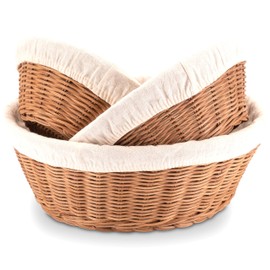 Decorasian Woven Rattan Bread Basket, Round Bread Basket, Set of 3 with Linen Cloth, Round Bread Baskets, Small and Large