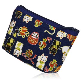 Morikuru TK01-08 Mini Pouch, 5.1 x 3.5 inches (13 x 9 cm), Laughing Cat Pattern, Small Purse, Coin Purse, Cute, Multi Pouch, SG Wonder Zone, navy