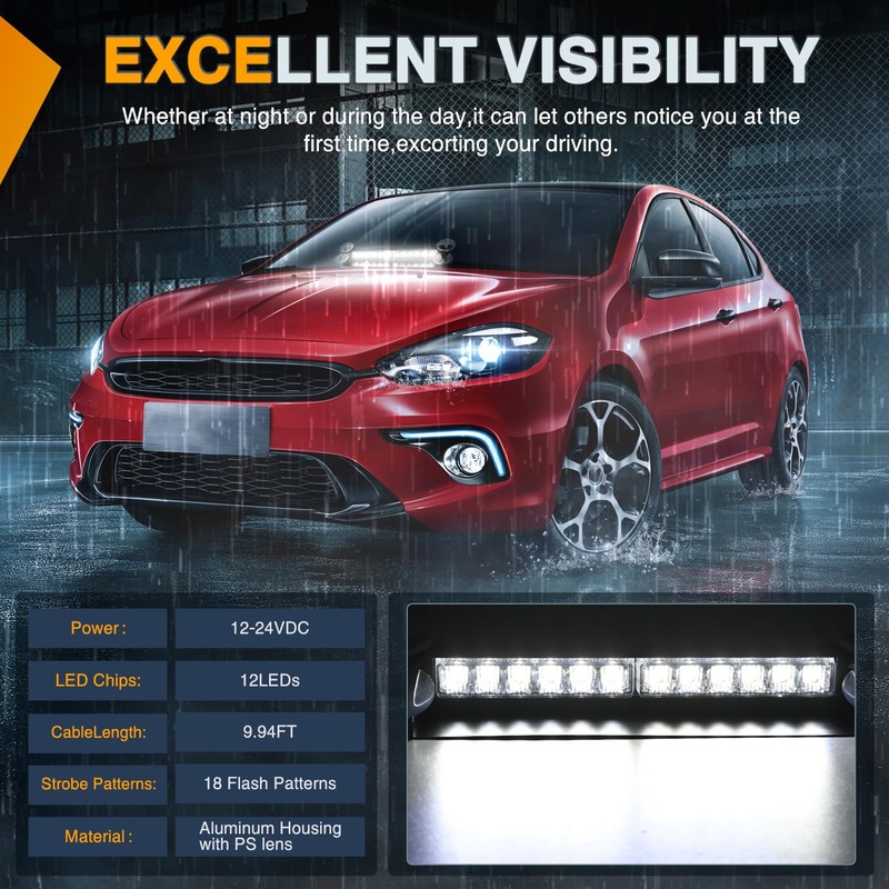 Nilight 12LED Traffic Advisor Strobe Light Bar White Emergency Warning