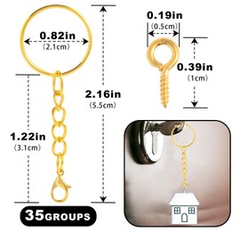 Key Ring with Chain Lobster Clasp 70 Pieces Key Ring Craft Set 35 Key Rings Chain 35 Screw Eye Pins, Key Rings 25 mm for Keys DIY Jewellery Making, Golden