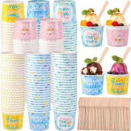 Ninehaoou 200 Sets 6 oz Ice Cream Paper Cups with Wooden Spoons Bulk Ice Cream Sundae Bar Supplies Disposable Dessert Bowls Containers for Spring Summer Graduation Bar Party Decorations Supplies