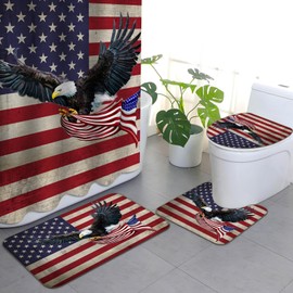 Aprophic Flag Shower Curtain Set 4 Piece, Independence Day Patriotic Theme Shower Curtain Sets with Rugs, 4th of July Toilet Lid Cover and Memory Foam Non Slip U Shape Mat