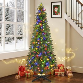 BOBKID 6.5FT Green Pre-Lit Pencil Artificial Christmas Tree with 360° Rotating Musical Base, 834 Branch Tips, 290 LED Warm & Multicolor Lights, 8 Lighting Modes, Slim Xmas Tree Holiday Decoration