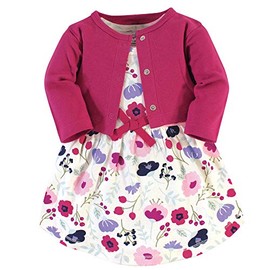 Touched by Nature Baby Girl Organic Cotton Dress and Cardigan, Pink Botanical, 12-18 Months
