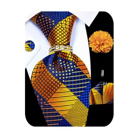 Kerfado 5PCS Gold and Blue Plaid Tie and Pocket Square Set for Men, Silk Tie and Handkerchief Cufflinks with Tie Ring and Lapel Pin Set