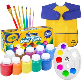 Kids Painting Set, Washable Paint for Kids 10 Colors, 7 Paintbrushes, Paint Palette, Painting Smock, Non Toxic Tempera Paints 2 oz Each,Paints for Toddlers Art, Crafts