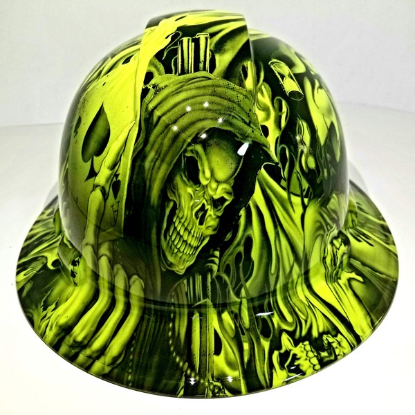Wet Works Imaging Customized Pyramex Full Brim Hydro Dipped in Green ACE of Skulls Hard HAT with Ratcheting Suspension Custom LIDS Crazy Sick Construction PPE