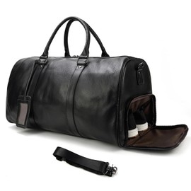 LUUFAN Leather Travel Bag Large Capacity Luggage Duffel Bag with Shoe Compartment, Men Women Weekend Shoulder Bag for Holiday Business Trip, Black