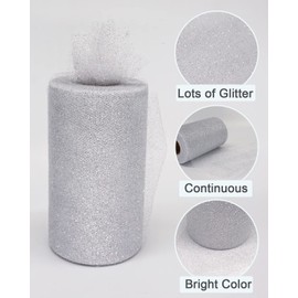 Glitter Tulle Fabric Rolls, 6 Inch 50 Yards (150ft) Sparkling Spool Ribbon Sequin Netting for Tutu Skirt Gift Wrapping Wedding Party Decoration (Silver)